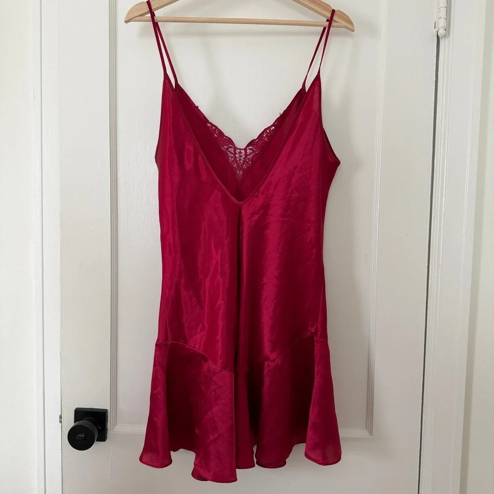 Vntg Intimate Affair Red Satin Lace Trim Nightgown‎ Slip Dress L: Boho, 90's